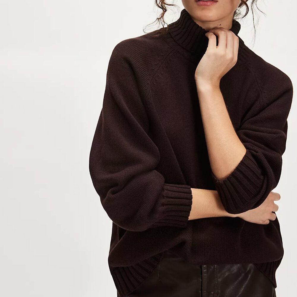 DONNI Cotton Cashmere Turtleneck Sweater in Espresso Brown